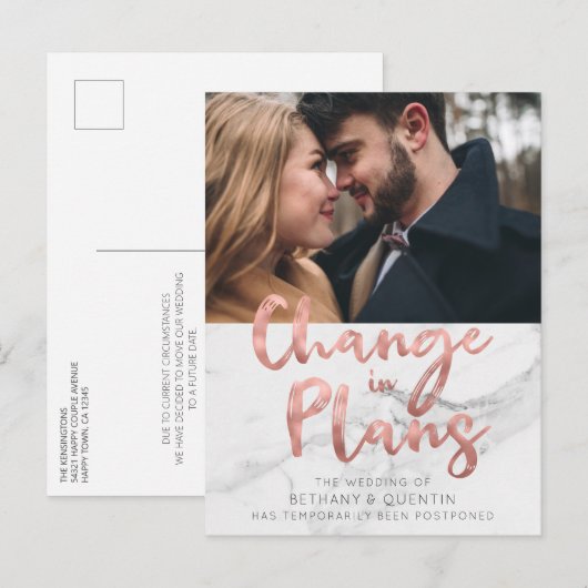 Rose Gold Foil Script Marble Wedding Postponement Postkarte (Vorne/Hinten)