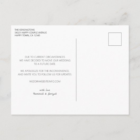 Rose Gold Foil Script Marble Wedding Postponement Postkarte (Rückseite)
