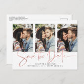 Rose Gold Foil Script Mehrfache Fotos Save the Dat Ankündigungspostkarte (Vorne/Hinten)