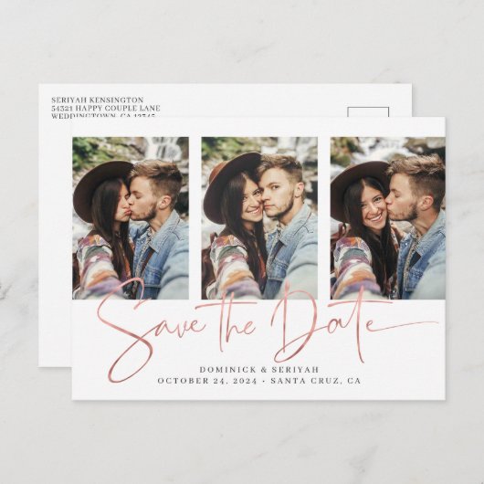 Rose Gold Foil Script Mehrfache Fotos Save the Dat Ankündigungspostkarte (Vorne/Hinten)