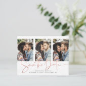 Rose Gold Foil Script Mehrfache Fotos Save the Dat Ankündigungspostkarte (Stehend Vorderseite)