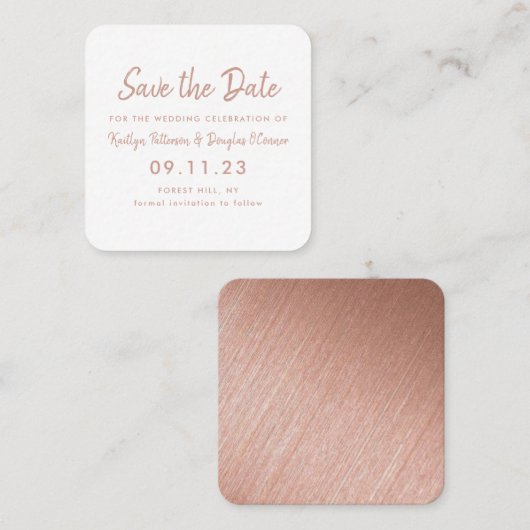 Rose Gold Foil & Script Save the Date Card Quadratische Visitenkarte (Vorne/Hinten)