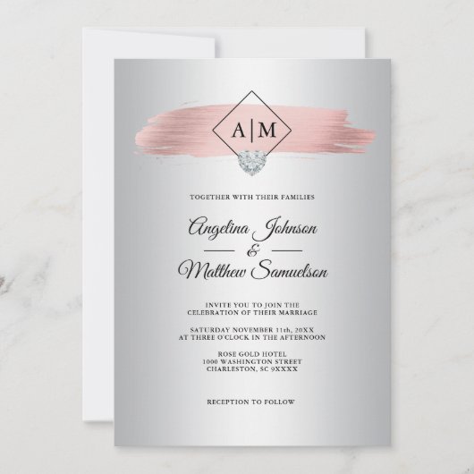 Rose Gold Foil Silver Marble Monogram Wedding Einladung (Vorderseite)