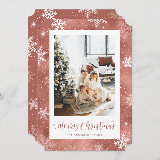 Rose Gold Foil Snowflake Foto Frohe Weihnachten (Vorne/Hinten)