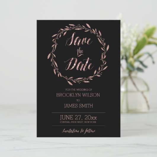 Rose Gold Foil speichern Datum Karten schwarz (Stehend Vorderseite)