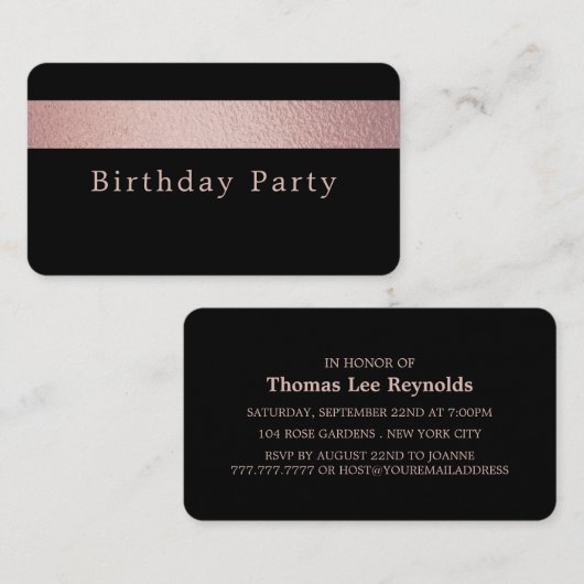 Rose Gold Foil Strip, Black Birthday Party Ticket (Vorne/Hinten)