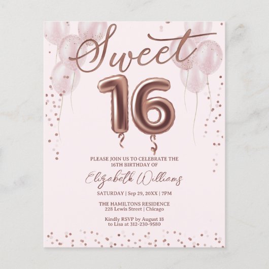 Rose Gold Foil Sweet 16 Balloons Einladung (Vorderseite)