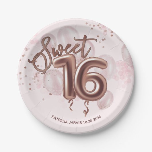 Rose Gold Foil Sweet 16 Bday Balloons Party Rose Pappteller (Vorderseite)