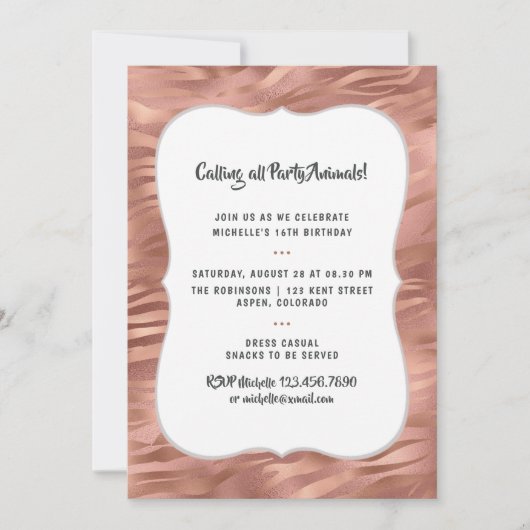Rose Gold Foil Tiger Streifen jedes Alter Geburtst Einladung (Vorderseite)