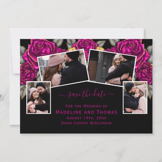 Rose Gold Foil Vier Foto Schwarz Rosa Save The Date (Vorderseite)