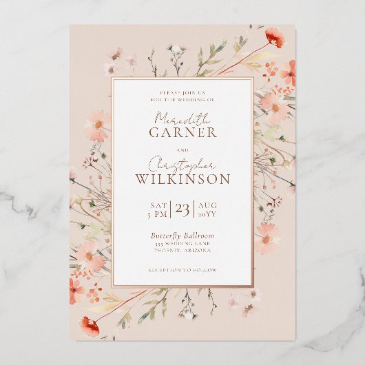 Rose Gold Foil Wildblume Hochzeit Folieneinladung (Vorderseite)