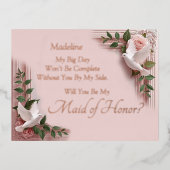 Rose Gold Foil Will You Be My Maid Of Honor? Pink Folien Feiertagspostkarte (Vorderseite)