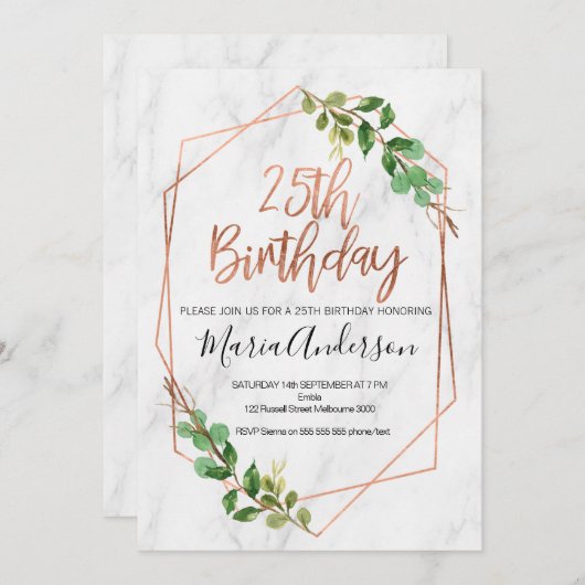 Rose Gold Foliage 25. Geburtstag Einladung (Vorne/Hinten)