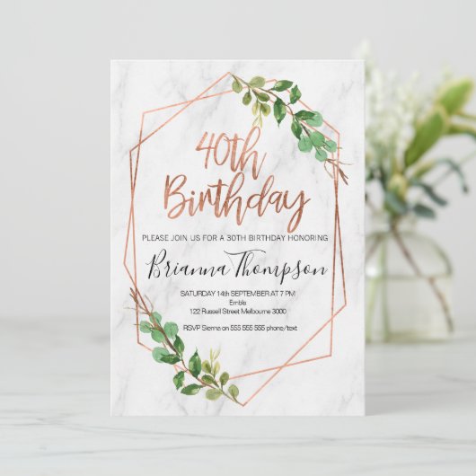 Rose Gold Foliage 40. Geburtstag Einladung (Stehend Vorderseite)