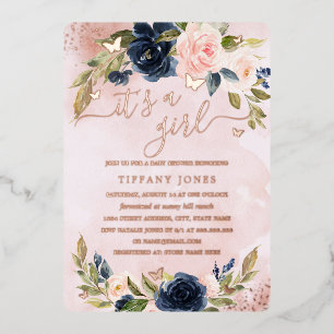 ROSE GOLD FOLIE Marineblau Rosa Florale Babyparty Folieneinladung