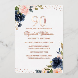 ROSE GOLD FOLIE Navy Blush Floral 90. Geburtstag Folieneinladung