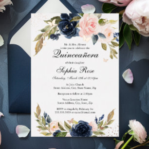 ROSE GOLD FOLIE Rosa Navy Blumen Quinceanera  Folieneinladung