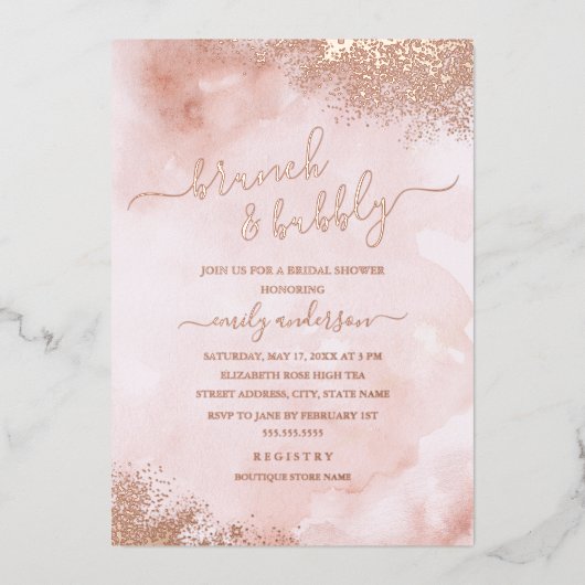 ROSE GOLD FOLIE Rosa Pfirsichfarben Brunch und Bub Folieneinladung (Vorderseite)