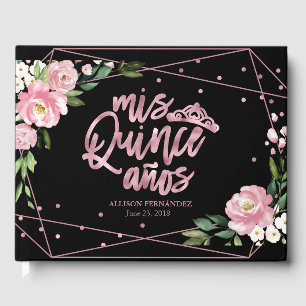 Rose Gold Folie Rosa Schwarze Florale Quinceanera Gästebuch