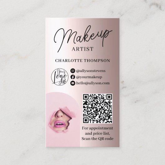 Rose Gold Folienschminke Logo Qr Code 2 Fotos Visitenkarte (Vorderseite)