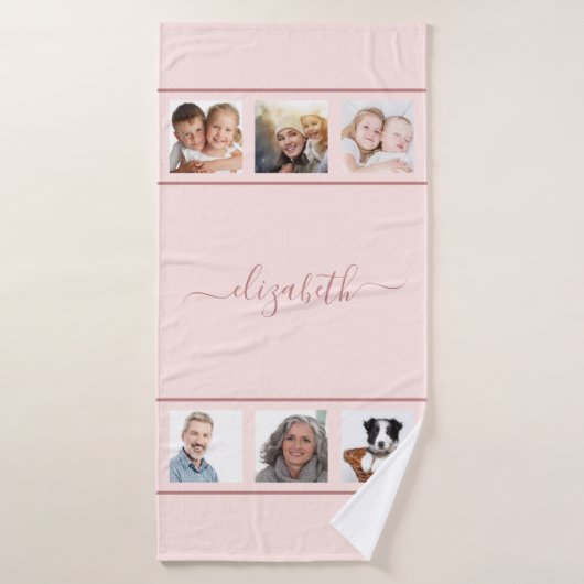 Rose Gold Foto Collage Monogramm Skript Badehandtuch (Badehandtuch)