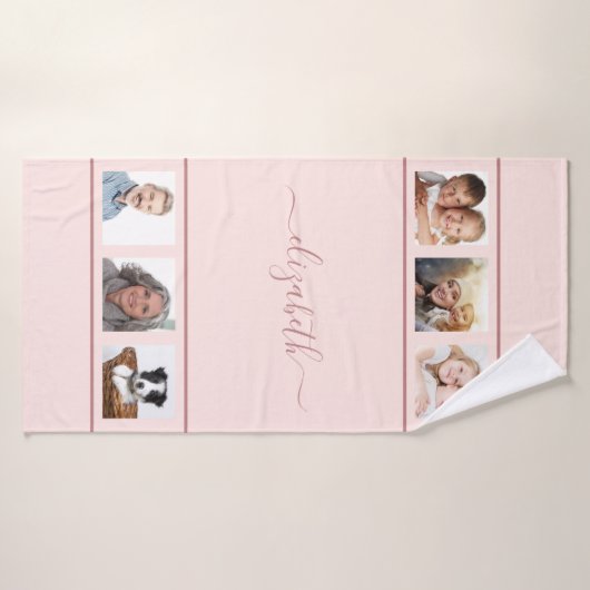 Rose Gold Foto Collage Monogramm Skript Badehandtuch (Badehandtuch)
