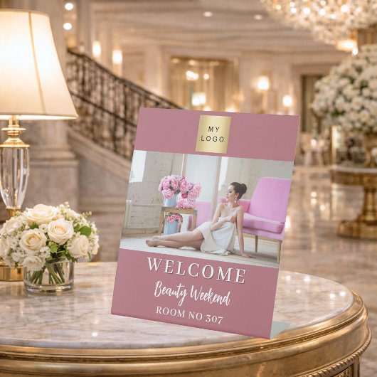 Rose Gold Foto Firmenlogo Seminar willkommen Sockelschild