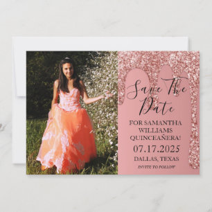 Rose Gold Foto Glitter-Tropfen Quinceanera  Save The Date