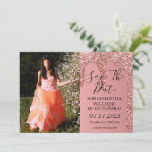 Rose Gold Foto Glitzer Tropfen Quinceanera Save The Date (Stehend Vorderseite)