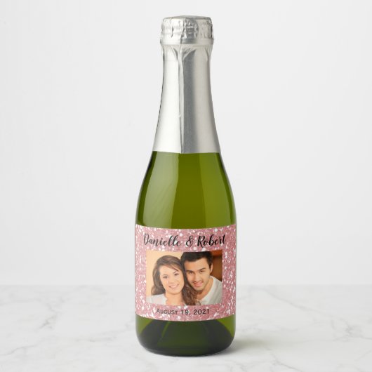 Rose Gold Foto Hochzeit Mini Sparkling Weinkultur Schaumweinetikett (Vorderseite)