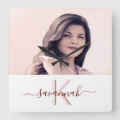 Rose Gold Foto mit Monogramm modern Quadratische Wanduhr (Vorderseite)