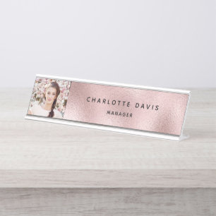 Rose Gold Foto Monogramm moderner Mitarbeiter Schreibtischnamensplakette