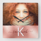 Rose Gold Foto Monogramm Name Quadratische Wanduhr (Vorderseite)
