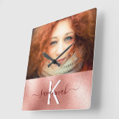 Rose Gold Foto Monogramm Name Quadratische Wanduhr (Winkel)