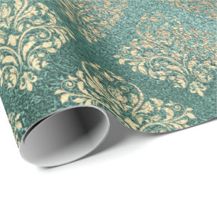 Rose Gold Foxier Damask Aquamarin Shiny Glass Meta Geschenkpapier