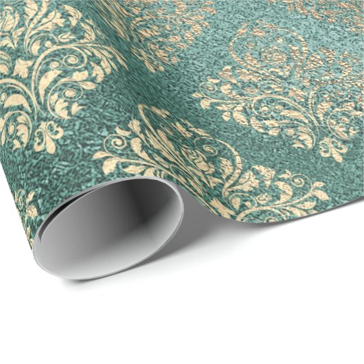 Rose Gold Foxier Damask Aquamarin Shiny Glass Meta Geschenkpapier (Rolleneckpunkt)