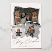 Rose Gold Frohe Weihnachtsschrift 3 Foto Collage Folien Feiertagskarte (Vorderseite)