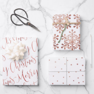 Rose Gold Frohe Weihnachtsschrift Snowflakes Star Geschenkpapier Set