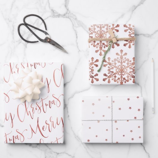 Rose Gold Frohe Weihnachtsschrift Snowflakes Star Geschenkpapier Set (Vorderseite)