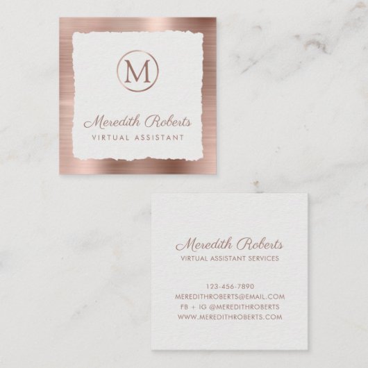 Rose Gold gebürstetes Metal-Weißrahmenmonogramm Quadratische Visitenkarte (Vorne/Hinten)