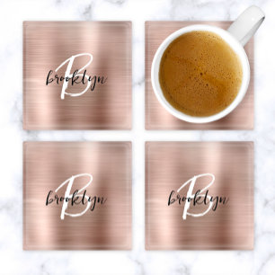 Rose Gold gebürstetes Metall-Schriftmonogramm Glasuntersetzer