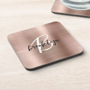Rose Gold gebürstetes Metall Schwarz Weiß Monogram Getränkeuntersetzer