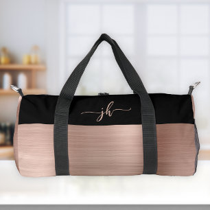 Rose Gold gebürstetes Metall schwarzes Skript-Mono Duffle Bag