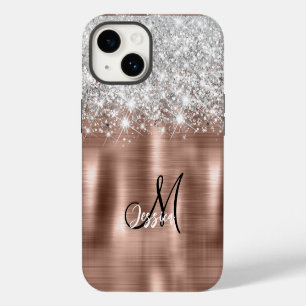 Rose Gold gebürstetes Metall Silber Glitter Monogr iPhone 14 Hülle