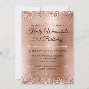 Rose Gold gebürstetes Metall und Glitter 21. Gebur Einladung