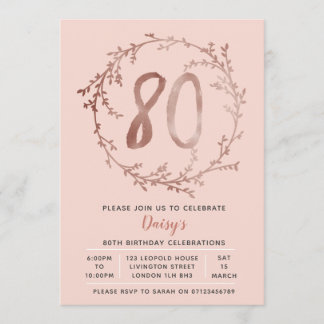 Rose Gold Geburtstagsmädchen Einladung zum 80. Geb