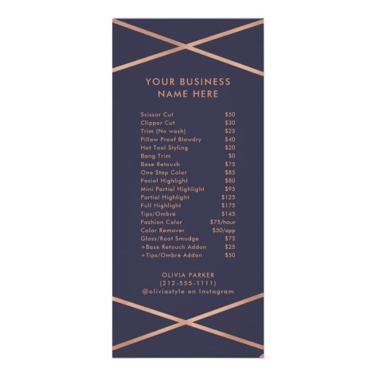 Rose Gold Geometric auf Midnight Blue | Preisliste Werbekarte (Vorne)