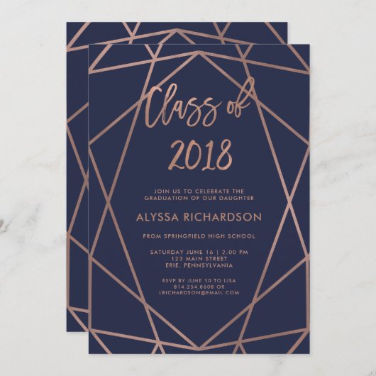 Rose Gold Geometric auf Navy Blue Graduation Party Einladung (Vorne/Hinten)