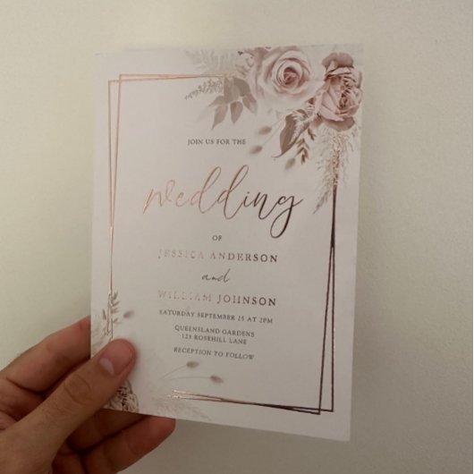 Rose Gold Geometric Border Blush Floral Wedding Folieneinladung