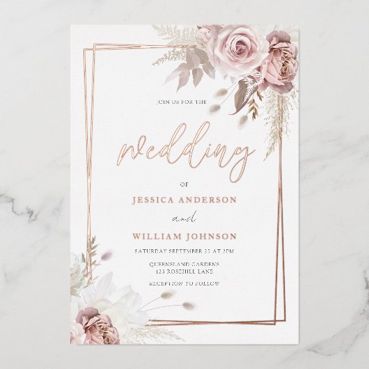 Rose Gold Geometric Border Blush Floral Wedding Folieneinladung (Vorderseite)